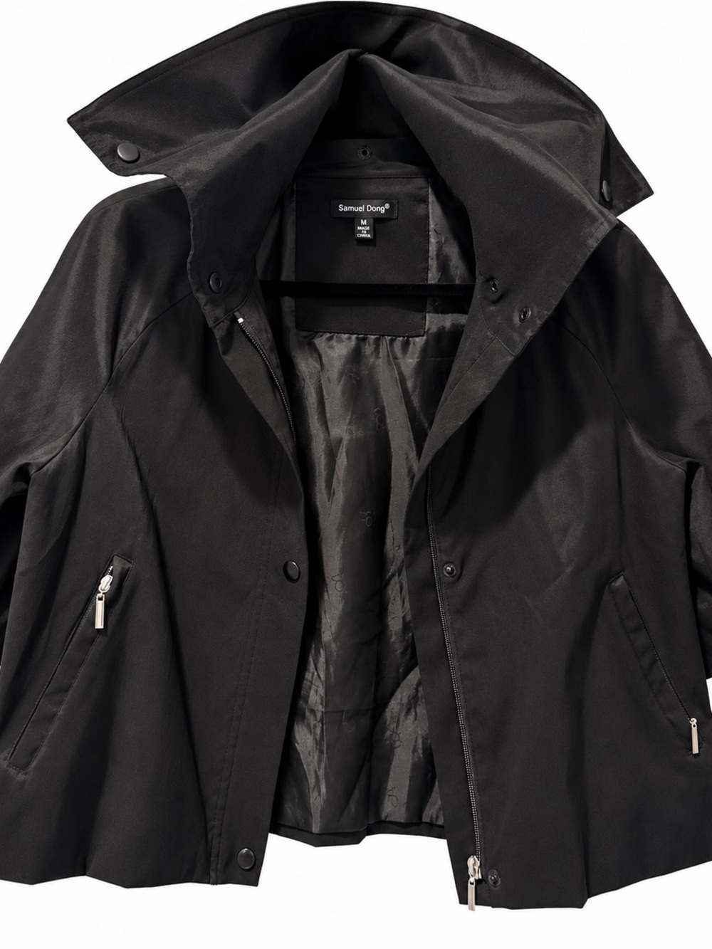 Samuel Dong Black Women’s Short Sleeve  Raincoat with High Collar